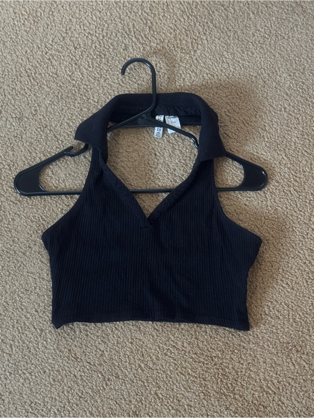 H&M Black Ribbed Halter Crop Top with Collar - Size S